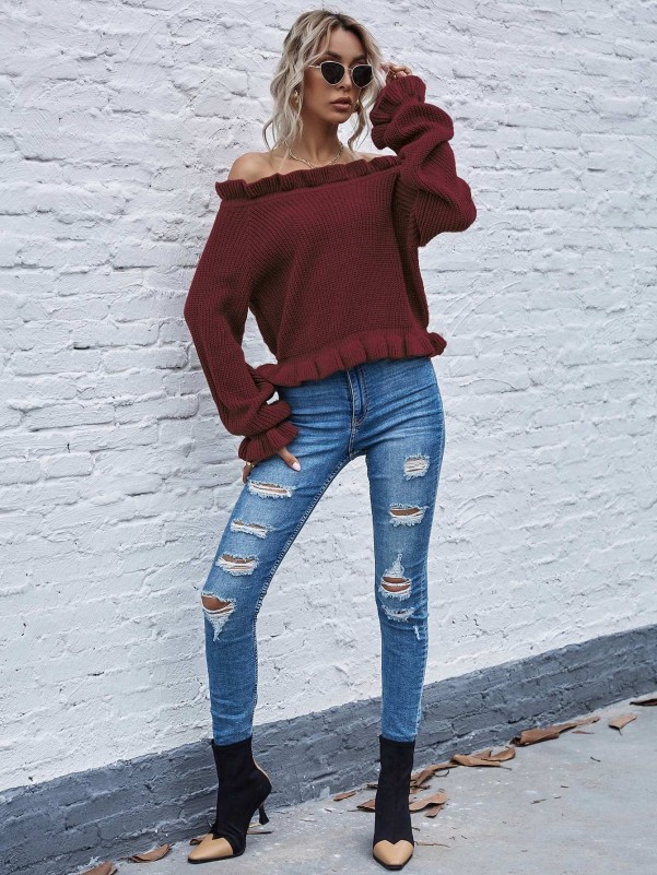 Off Shoulder Bell Sleeve Frill Trim Sweater