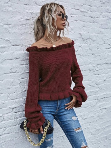 Off Shoulder Bell Sleeve Frill Trim Sweater