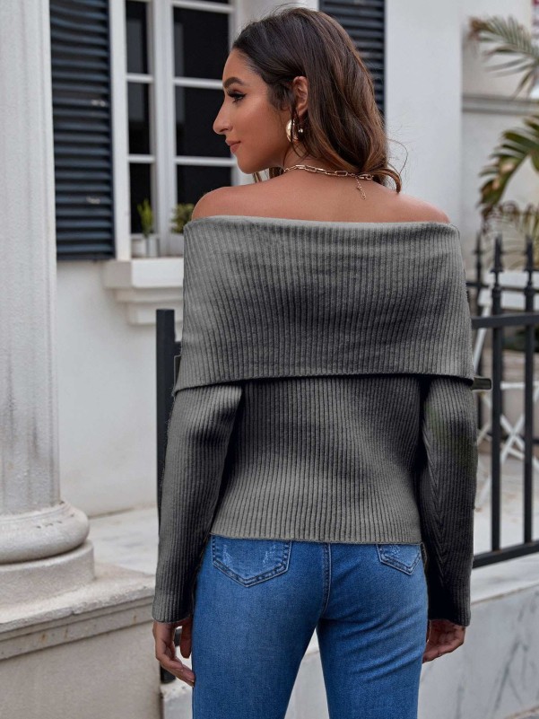 Off Shoulder Foldover Detail Ribbed Knit Sweater