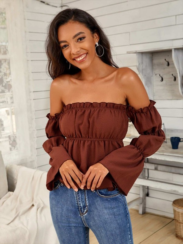 Off Shoulder Frill Trim Peplum Top