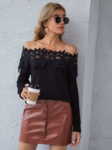 Off Shoulder Guipure Lace Detail Ribbed Knit Sweater