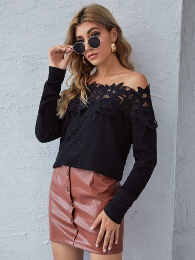 Off Shoulder Guipure Lace Detail Ribbed Knit Sweater