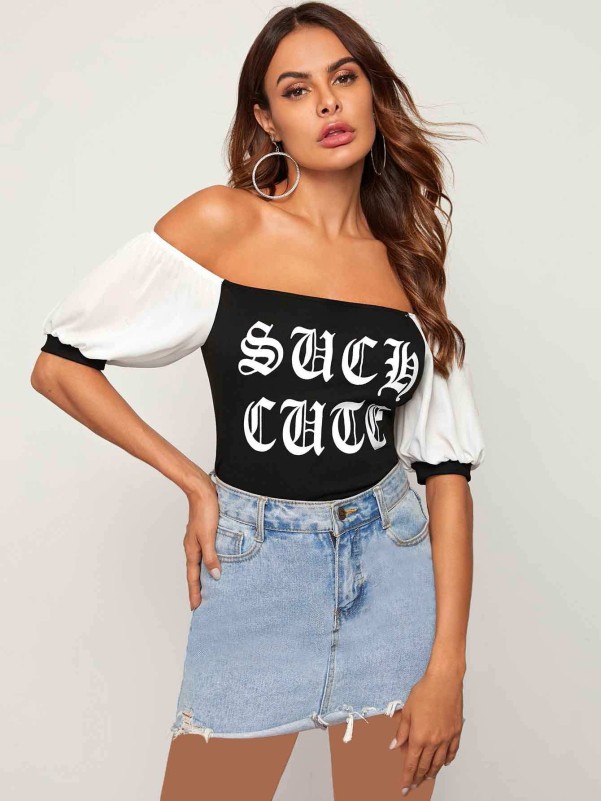 Off Shoulder Letter Graphic T-shirt