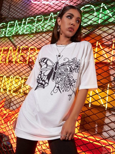 Drop Shoulder Butterfly & Plants Print Longline Tee