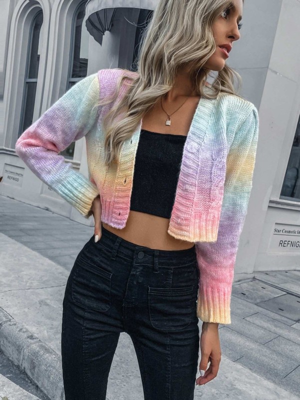 Ombre Button Up V Neck Crop Cardigan