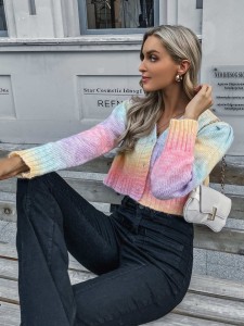 Ombre Button Up V Neck Crop Cardigan
