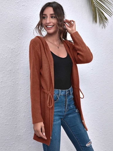 Open Front Drawstring Waist Hooded Cardigan