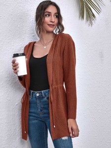 Open Front Drawstring Waist Hooded Cardigan