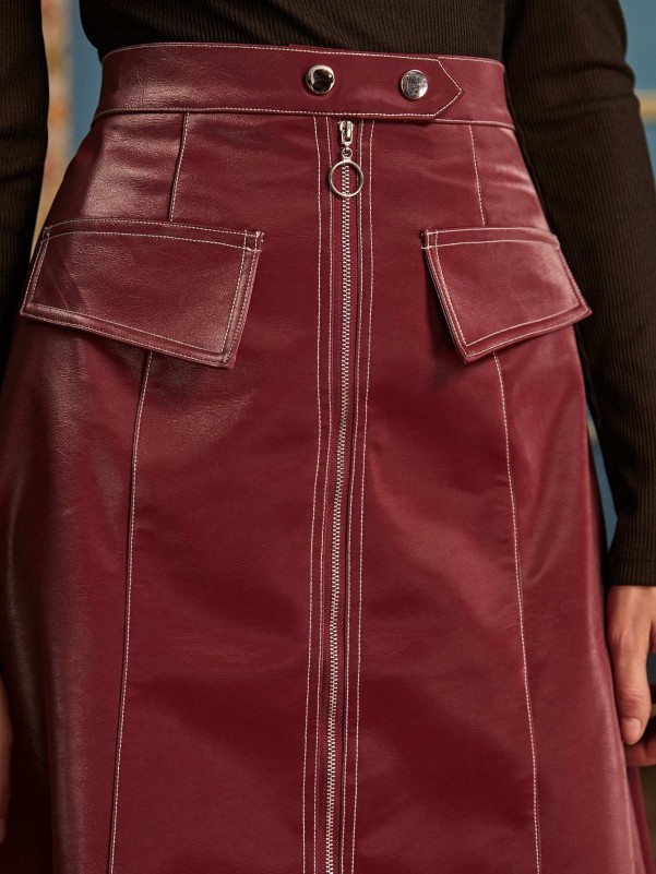 O-Ring Zip Front Faux Leather Skirt