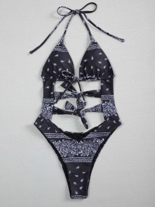 Paisley Print Cut-out Knot One Piece Swimsuit