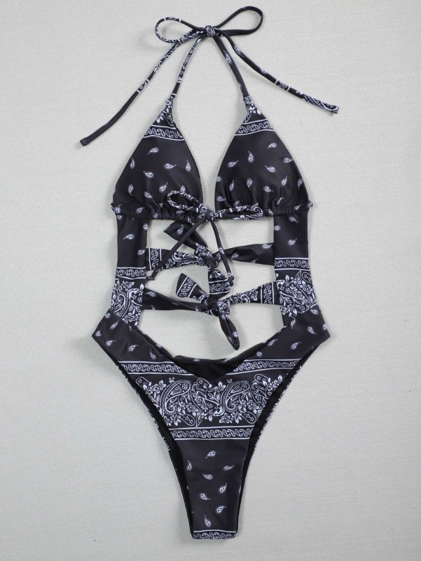 Paisley Print Cut-out Knot One Piece Swimsuit