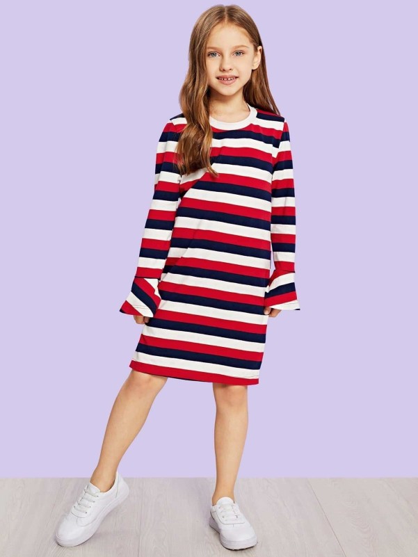 Girls Flounce Sleeve Color-Block Dress