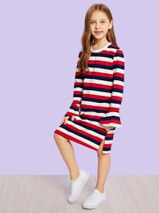 Girls Flounce Sleeve Color-Block Dress