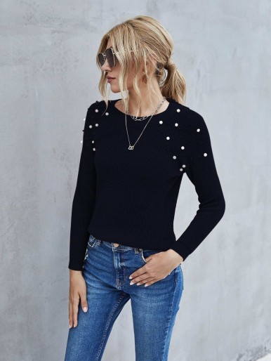 Pearls Detail Raglan Sleeve Sweater