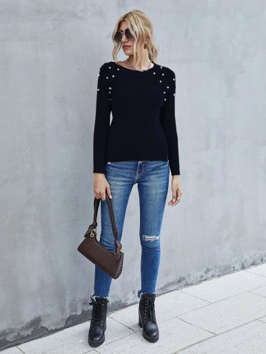 Pearls Detail Raglan Sleeve Sweater