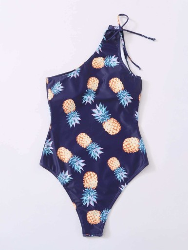 Pineapple Print One Shoulder One Piece Swimsuit