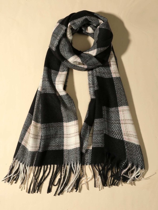 Plaid Fringe Hem Scarf