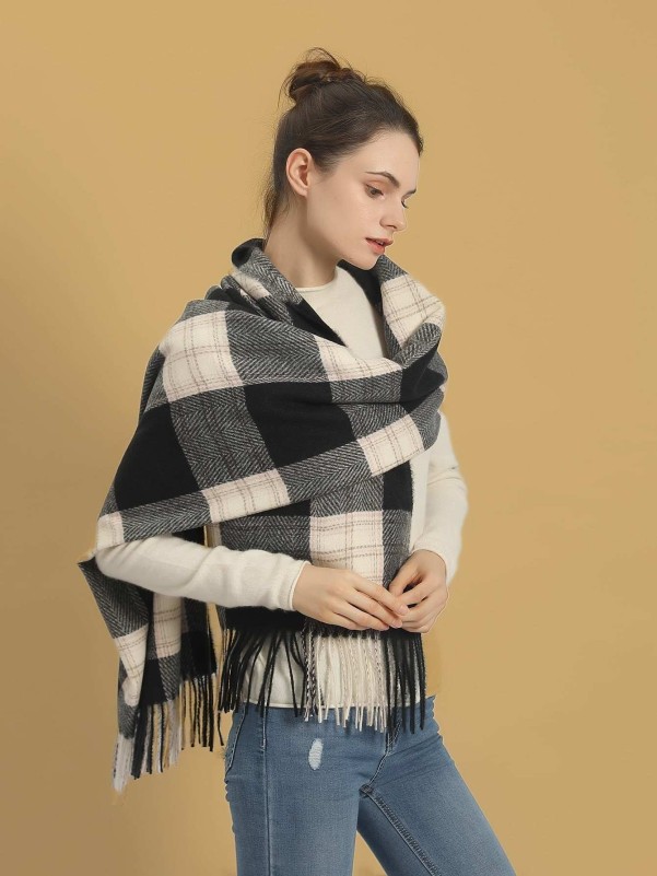 Plaid Fringe Hem Scarf