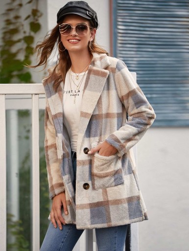 Plaid Lapel Collar Fuzzy Coat