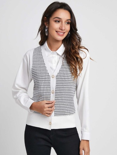 Plaid Pearls Button Front Cardigan