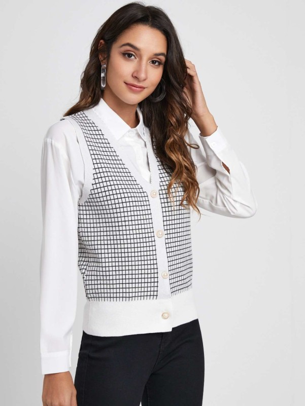 Plaid Pearls Button Front Cardigan