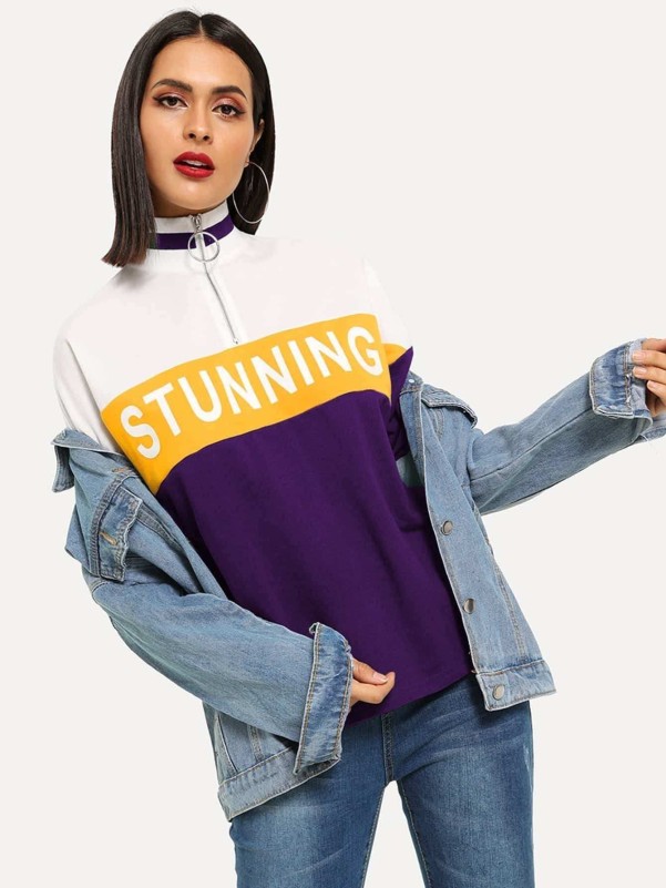 O-Ring Half Placket Colorblock Letter Tee