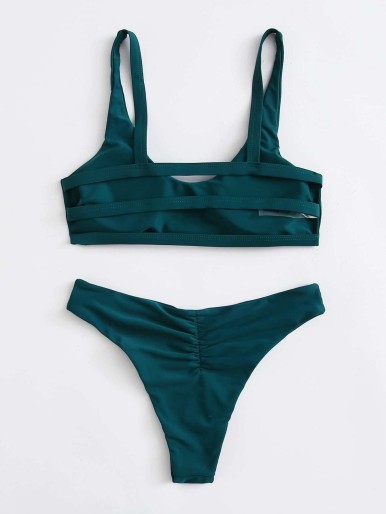 Plain Cut-out Back Bikini Swimsuit