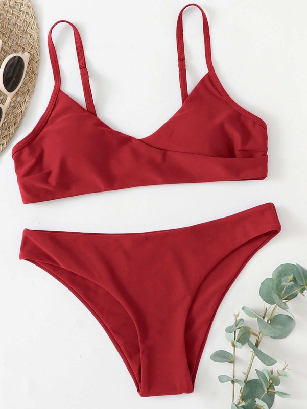 Plain Surplice Neck Bikini Swimsuit