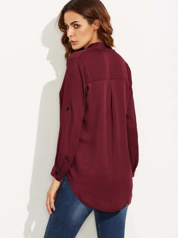 Plunging Neck Rolled-Up Sleeve Blouse