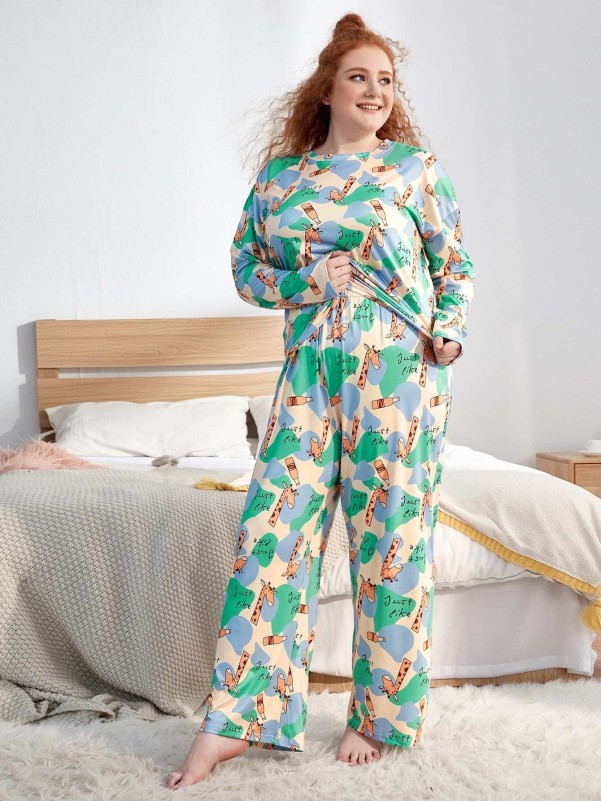 Plus Allover Cartoon Graphic PJ Set