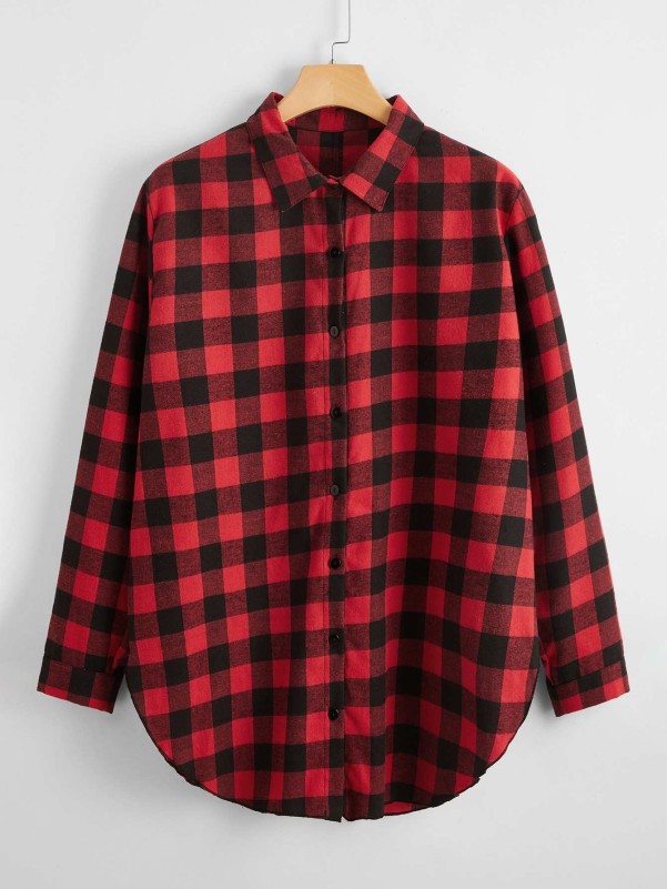 Plus Buffalo Plaid Curved Hem Blouse