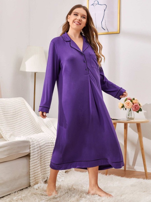 Plus Button Front Contrast Binding Night Dress