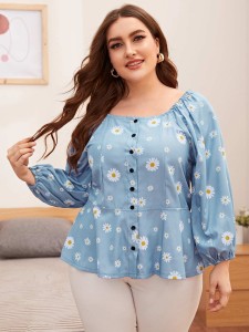 Plus Button Front Daisy Flower Denim Blouse