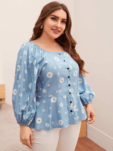 Plus Button Front Daisy Flower Denim Blouse