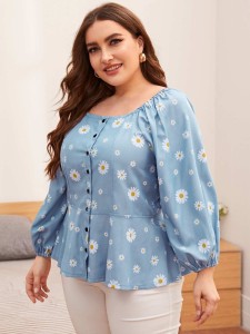 Plus Button Front Daisy Flower Denim Blouse