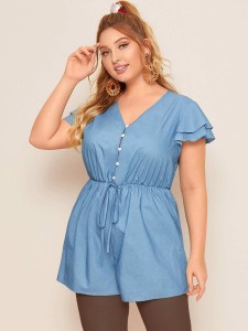 Plus Button Front Drawstring Denim Romper