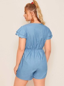 Plus Button Front Drawstring Denim Romper