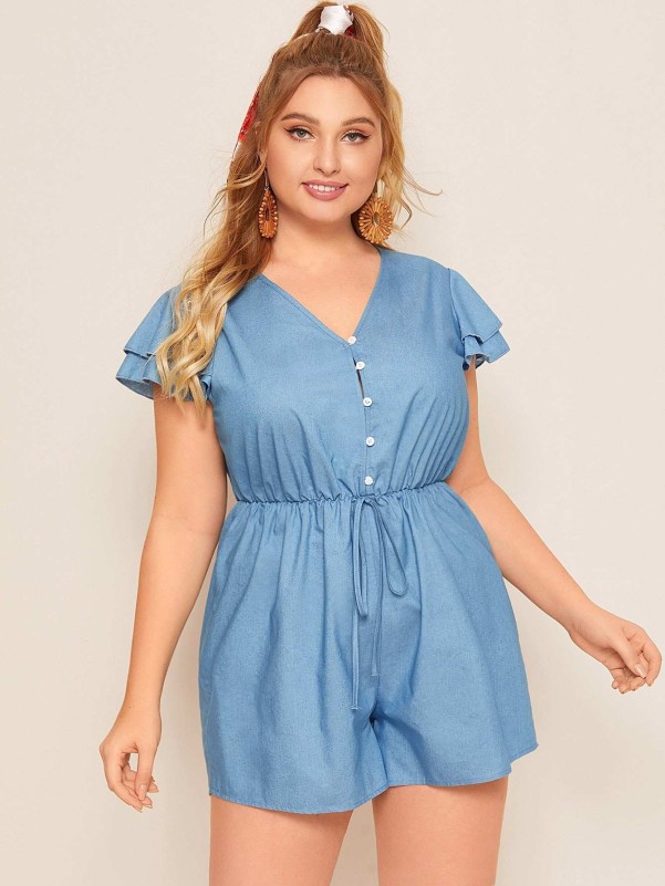 Plus Button Front Drawstring Denim Romper