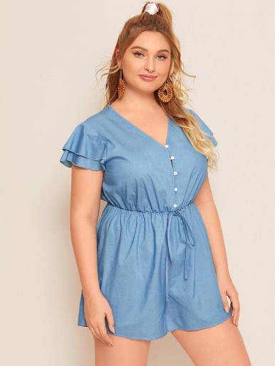 Plus Button Front Drawstring Denim Romper