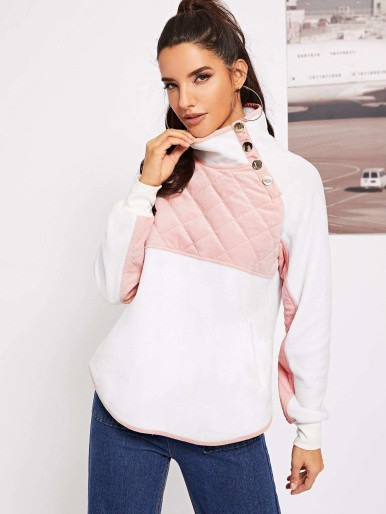 Buttoned High Neck Two Tone Quilted Pullover