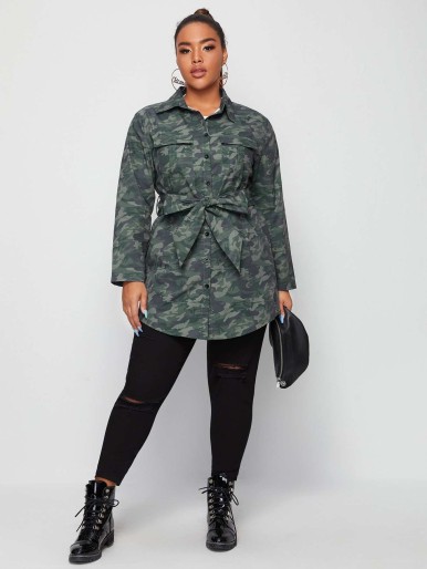 Plus Camo Print Belted Coat