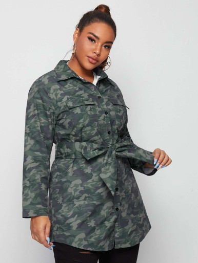 Plus Camo Print Belted Coat