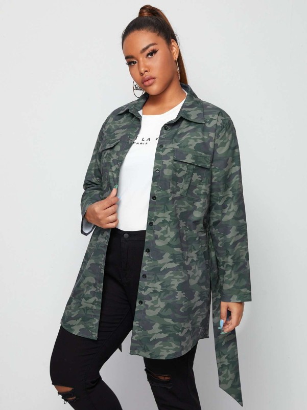 Plus Camo Print Belted Coat