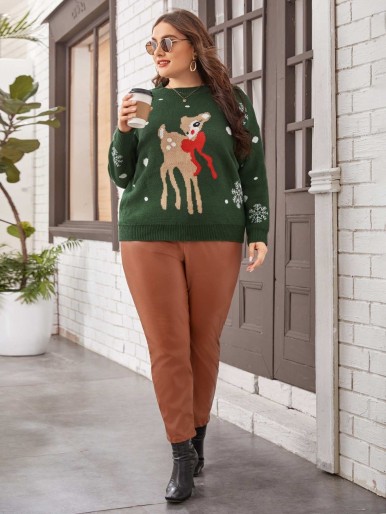 Plus Christmas Pattern Drop Shoulder Sweater