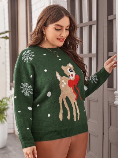 Plus Christmas Pattern Drop Shoulder Sweater