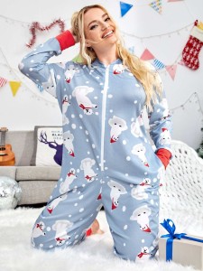 Plus Christmas Print Zip Front Jumpsuit