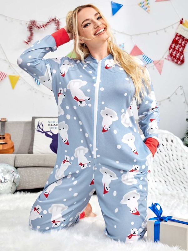 Plus Christmas Print Zip Front Jumpsuit