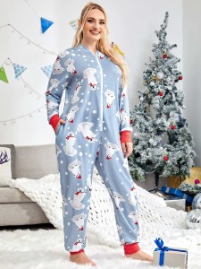 Plus Christmas Print Zip Front Jumpsuit