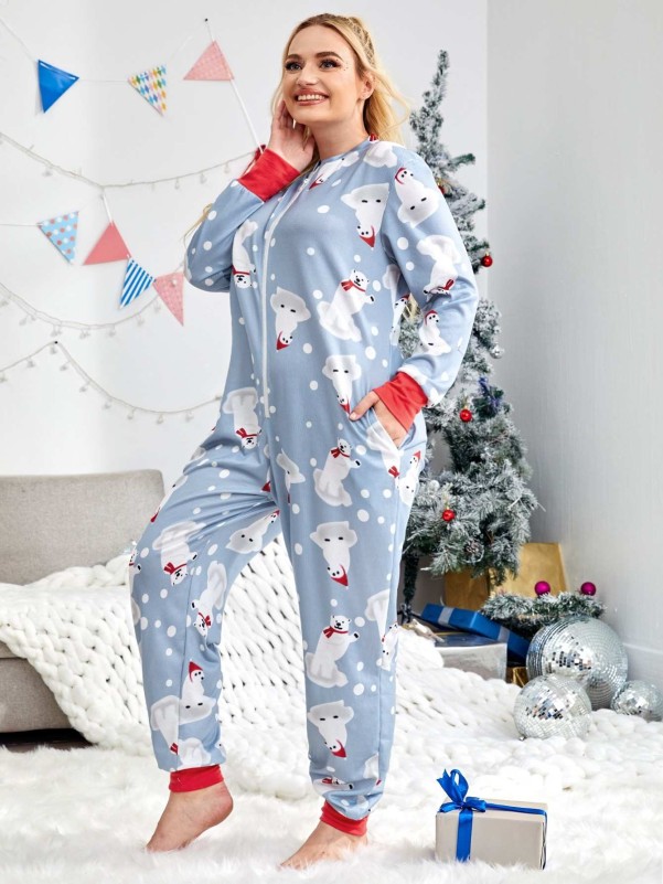 Plus Christmas Print Zip Front Jumpsuit