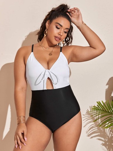 Plus Color Block Tie Front One Piece Swimsuit